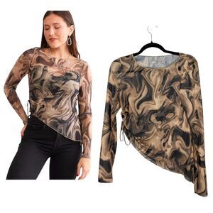 Red by BKE Marble Print Mesh Top Black Taupe Sheer Size Large NEW with Tags